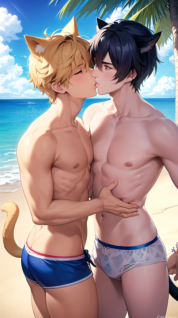 realistic magical handsome boys fashionable swimwear kissing by Free AI Image Generator & Maker - No login required✨ | AIGAZOU