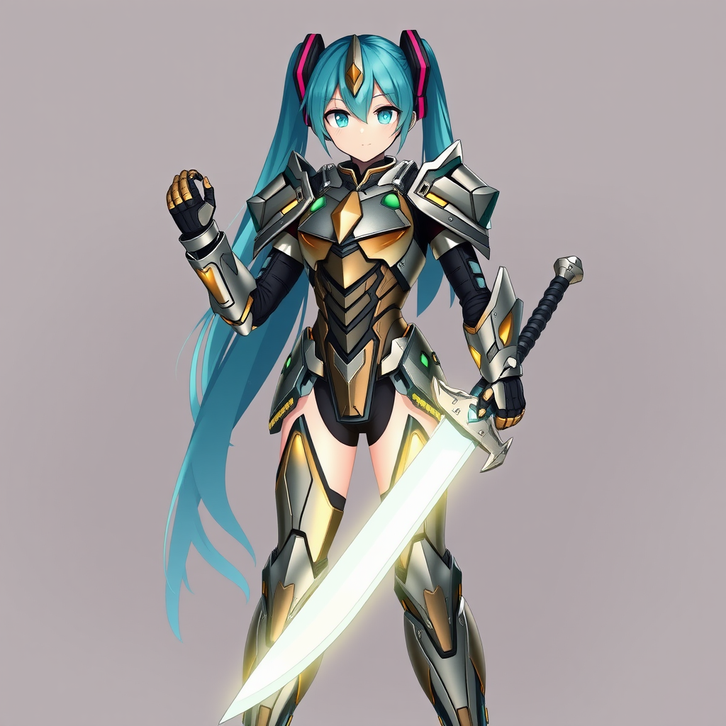 hatsune miku in futuristic armor holding sword by Free AI Image Generator & Maker - No login required✨ | AIGAZOU