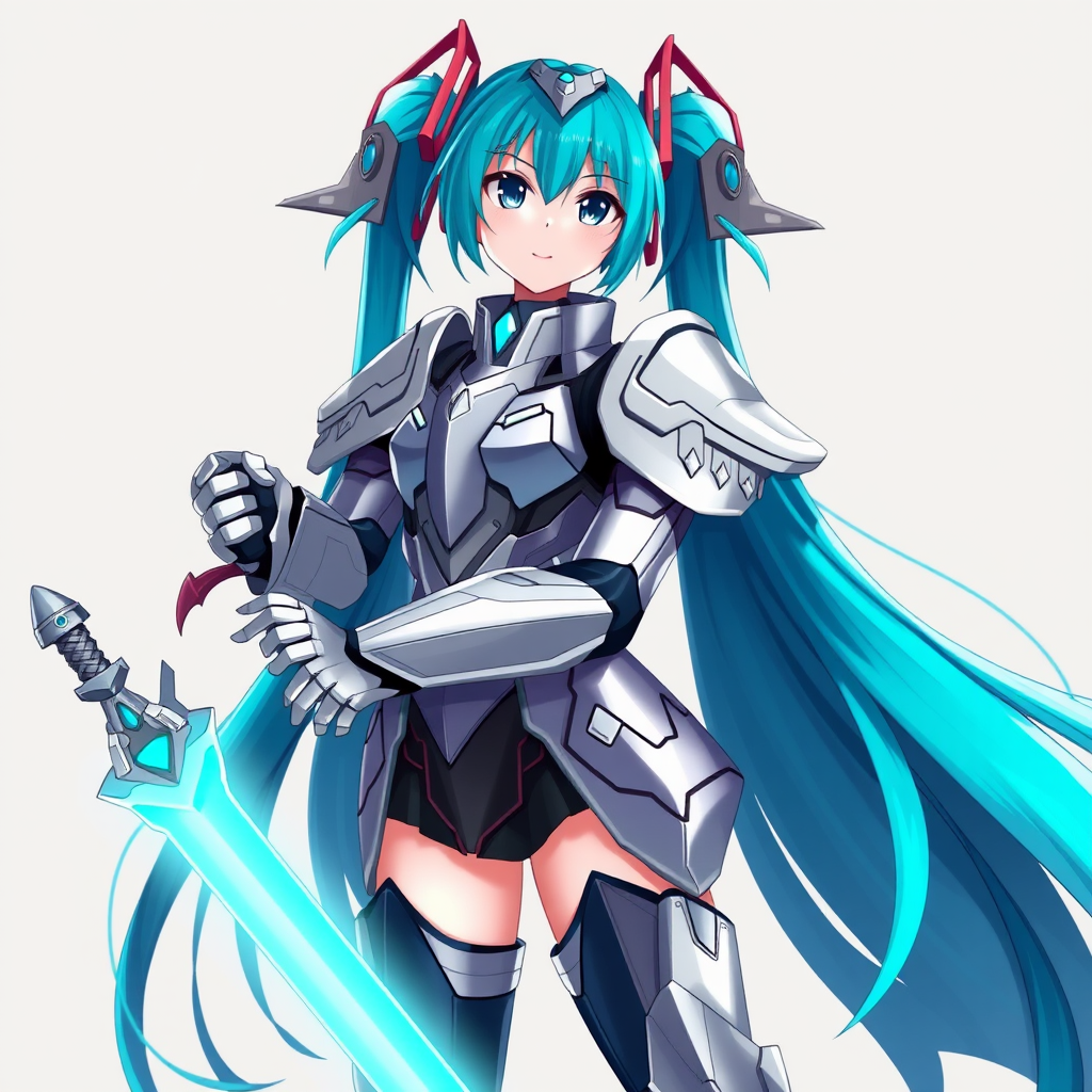 hatsune miku in futuristic armor holding sword by Free AI Image Generator & Maker - No login required✨ | AIGAZOU