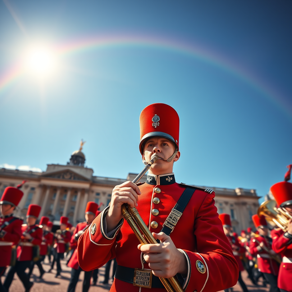 photorealistic red guardsman marching buckingham palace rainbow by Free AI Image Generator & Maker - No login required✨ | AIGAZOU