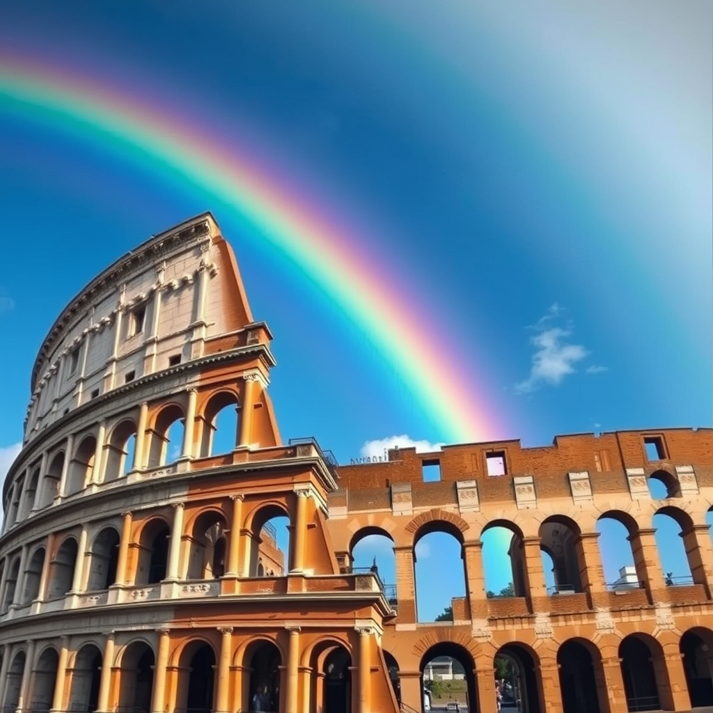 photorealistic colosseum rome vibrant rainbow clear sky by Free AI Image Generator & Maker - No login required✨ | AIGAZOU