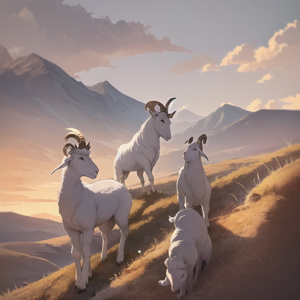 a white goat on a hill in evening light by Free AI Image Generator & Maker - No login required✨ | AIGAZOU