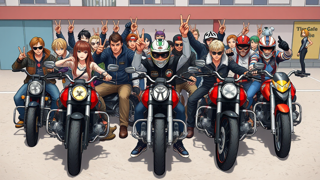 famous video game manga characters as bikers by Free AI Image Generator & Maker - No login required✨ | AIGAZOU