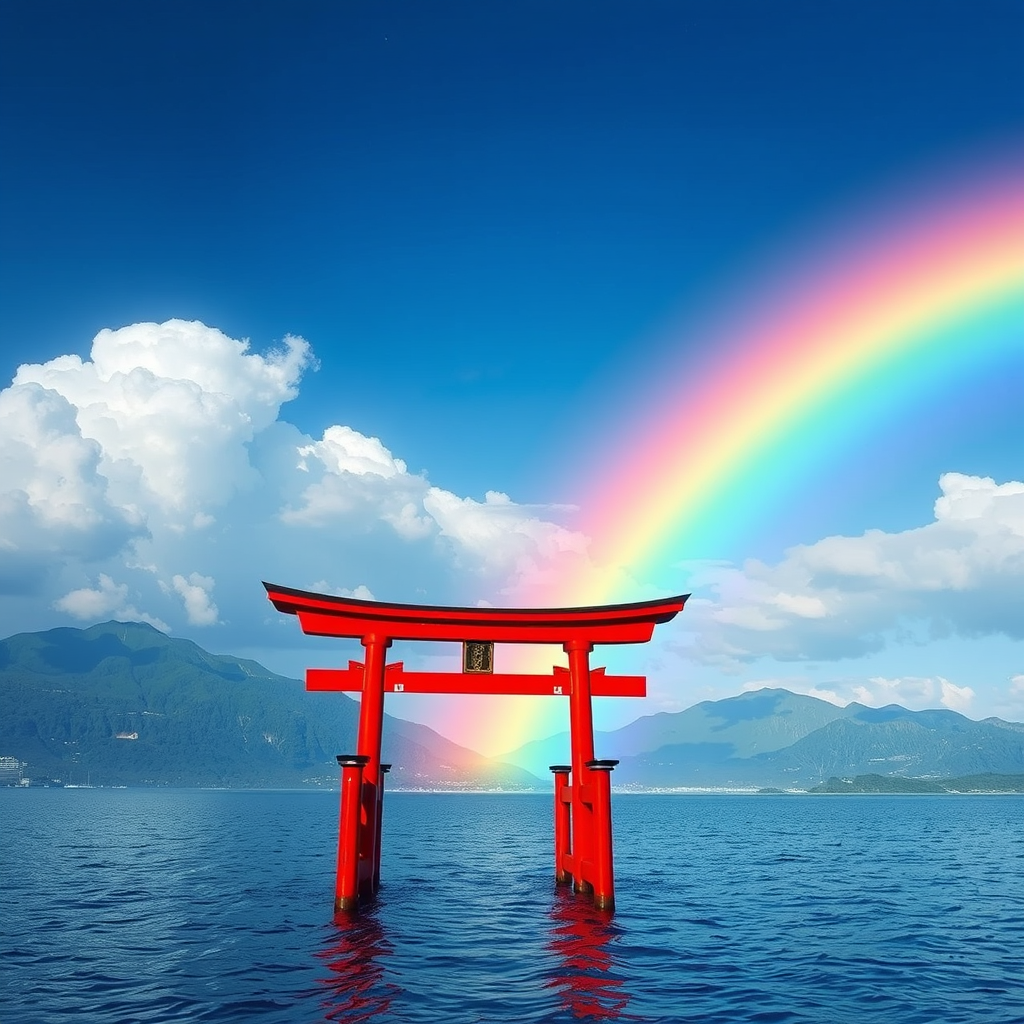 red torii gate floating on sea with rainbow by Free AI Image Generator & Maker - No login required✨ | AIGAZOU