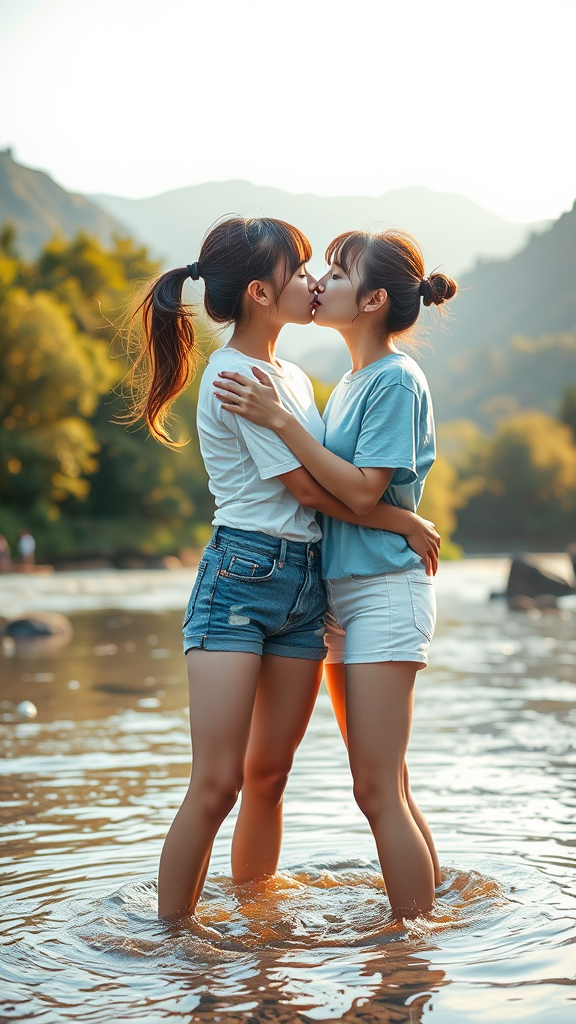 two japanese beautiful women kissing ponytail bun by Free AI Image Generator & Maker - No login required✨ | AIGAZOU