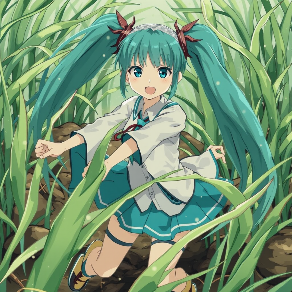 hatsune miku fights with two leeks by Free AI Image Generator & Maker - No login required✨ | AIGAZOU