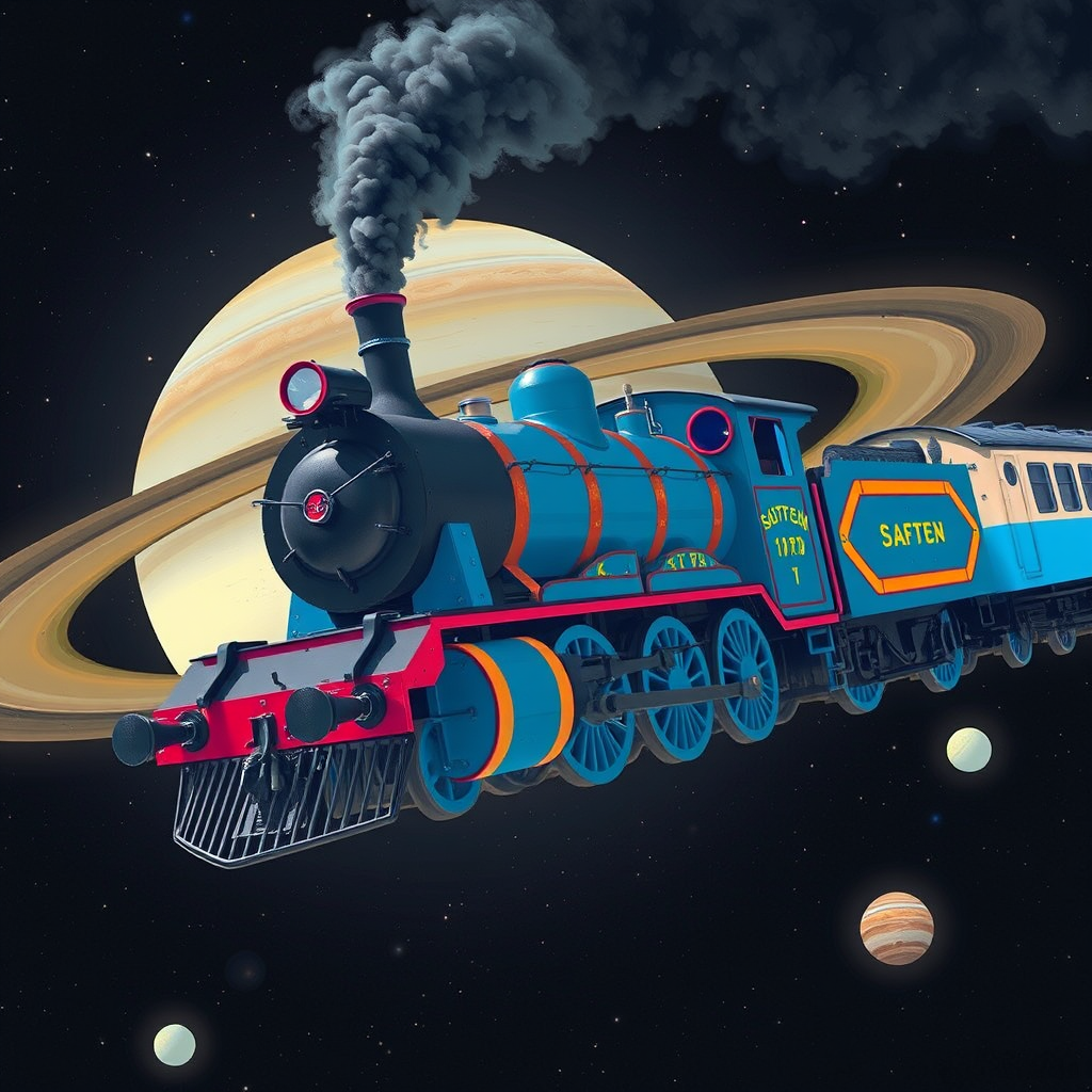 vintage steam locomotive space saturn background by Free AI Image Generator & Maker - No login required✨ | AIGAZOU