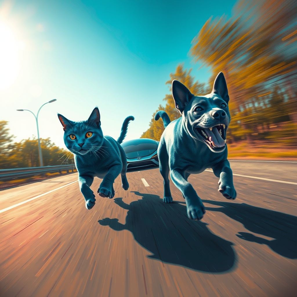 blue cat dog racing futuristic car by Free AI Image Generator & Maker - No login required✨ | AIGAZOU