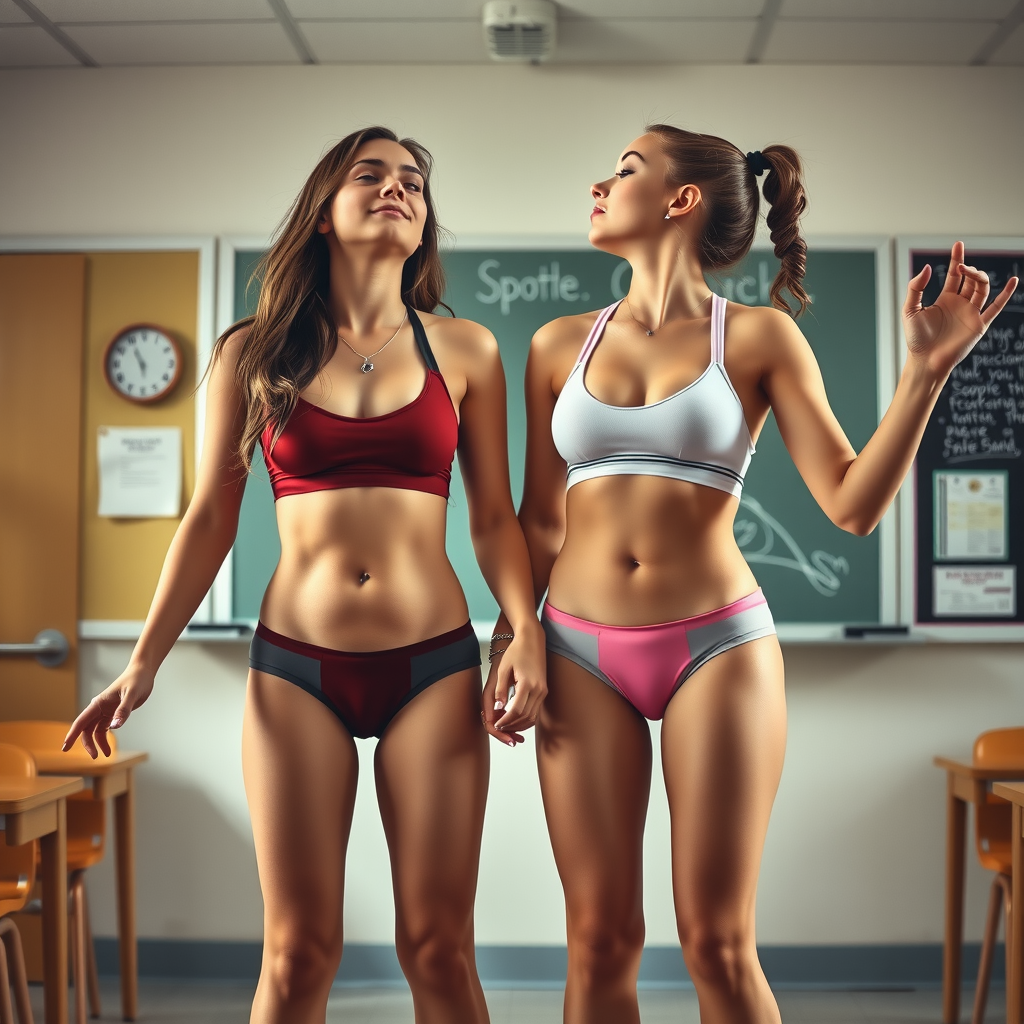 realistic twin sisters sports bras classroom by Free AI Image Generator & Maker - No login required✨ | AIGAZOU