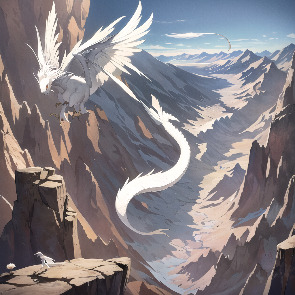 white dragon flying over rocky mountain by Free AI Image Generator & Maker - No login required✨ | AIGAZOU