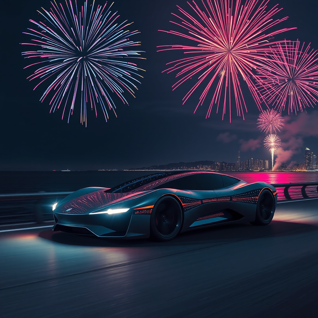 futuristic solar car spaceship sea fireworks by Free AI Image Generator & Maker - No login required✨ | AIGAZOU