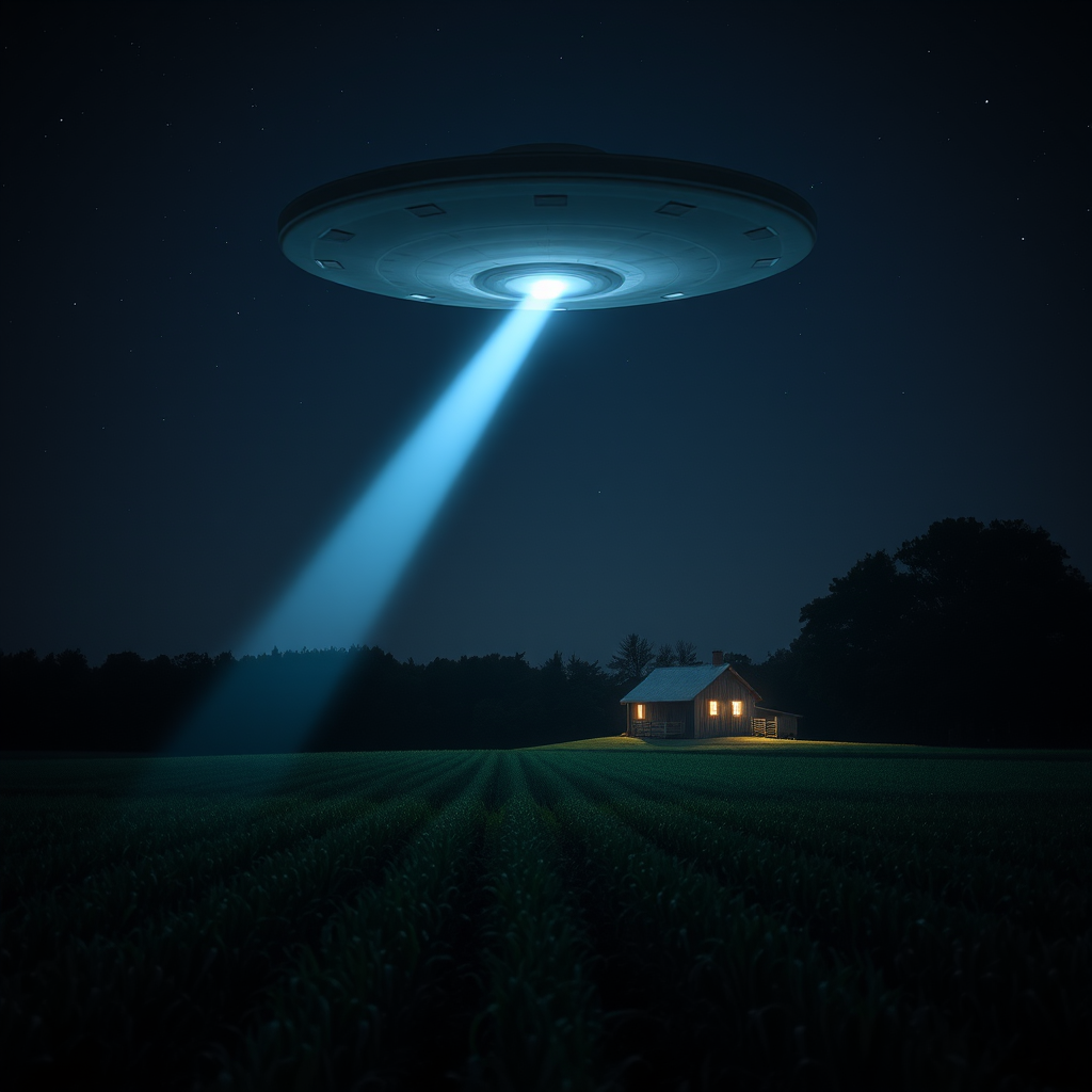 gray ufo hovers above rural farm by Free AI Image Generator & Maker - No login required✨ | AIGAZOU