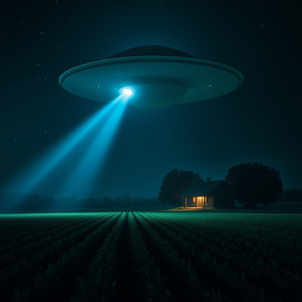 gray ufo hovers above rural farm by Free AI Image Generator & Maker - No login required✨ | AIGAZOU