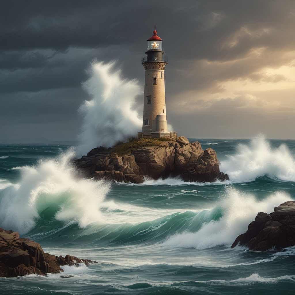 tall stone lighthouse amidst powerful waves by Free AI Image Generator & Maker - No login required✨ | AIGAZOU
