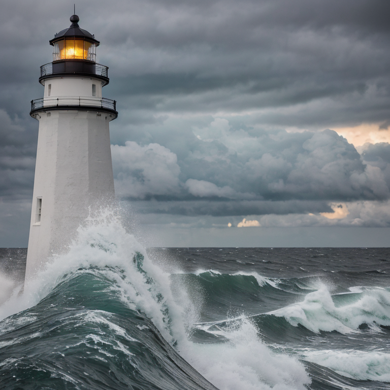 tall stone lighthouse amidst waves by Free AI Image Generator & Maker - No login required✨ | AIGAZOU