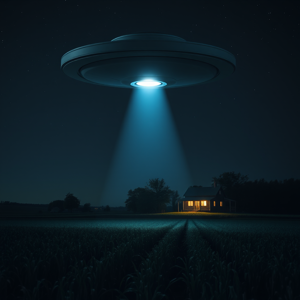 gray ufo hovers above rural farm by Free AI Image Generator & Maker - No login required✨ | AIGAZOU