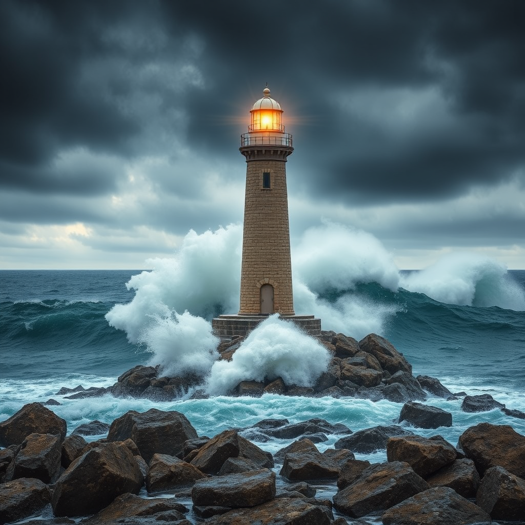 tall stone lighthouse amidst waves by Free AI Image Generator & Maker - No login required✨ | AIGAZOU