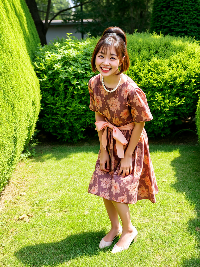 japanese woman curtsy floral dress garden by Free AI Image Generator & Maker - No login required✨ | AIGAZOU