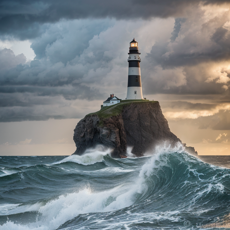 tall stone lighthouse amidst waves by Free AI Image Generator & Maker - No login required✨ | AIGAZOU