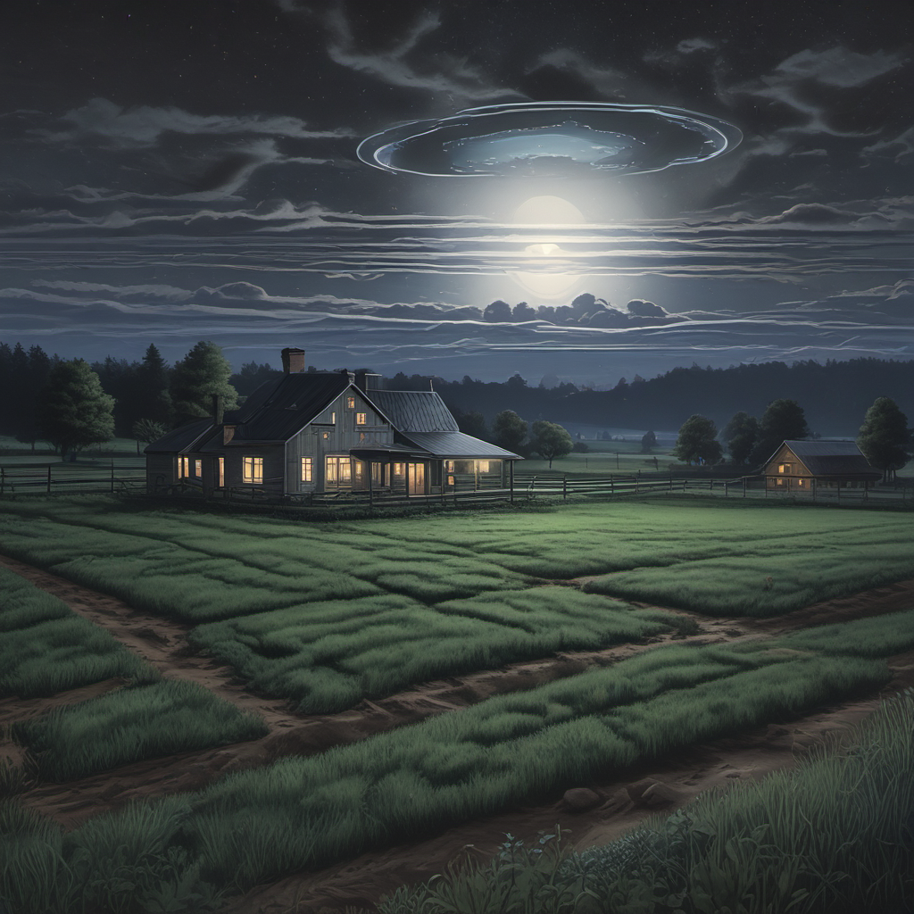gray ufo hovers above rural farm by Free AI Image Generator & Maker - No login required✨ | AIGAZOU