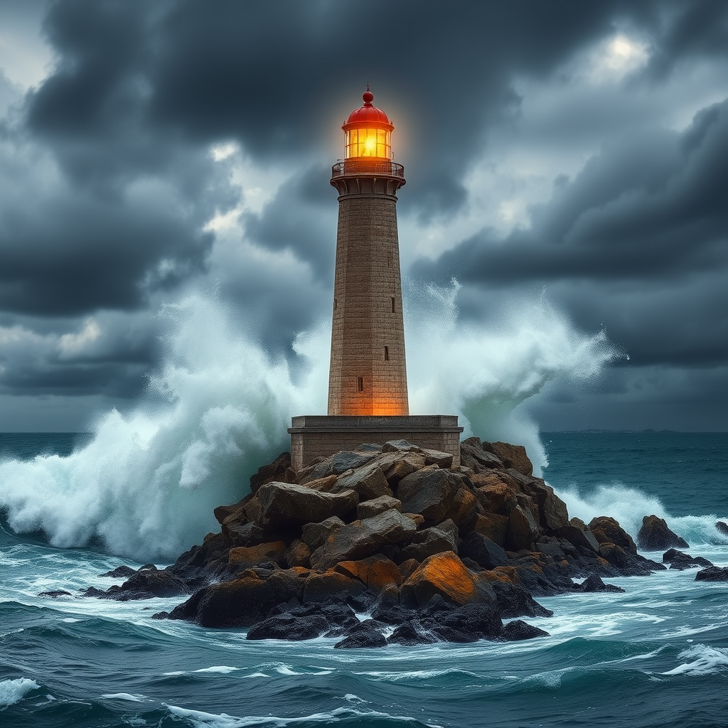 tall stone lighthouse amidst powerful waves by Free AI Image Generator & Maker - No login required✨ | AIGAZOU