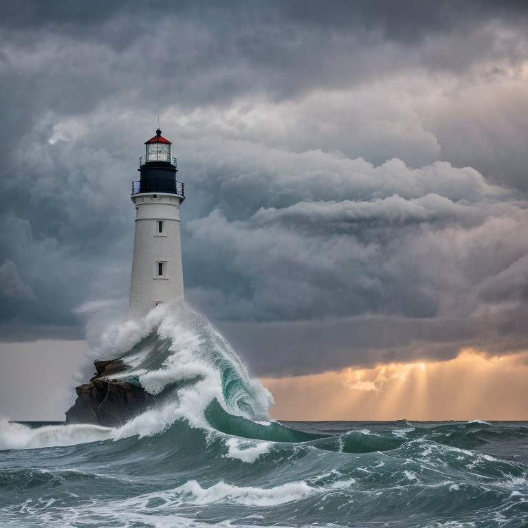 tall stone lighthouse amidst waves by Free AI Image Generator & Maker - No login required✨ | AIGAZOU