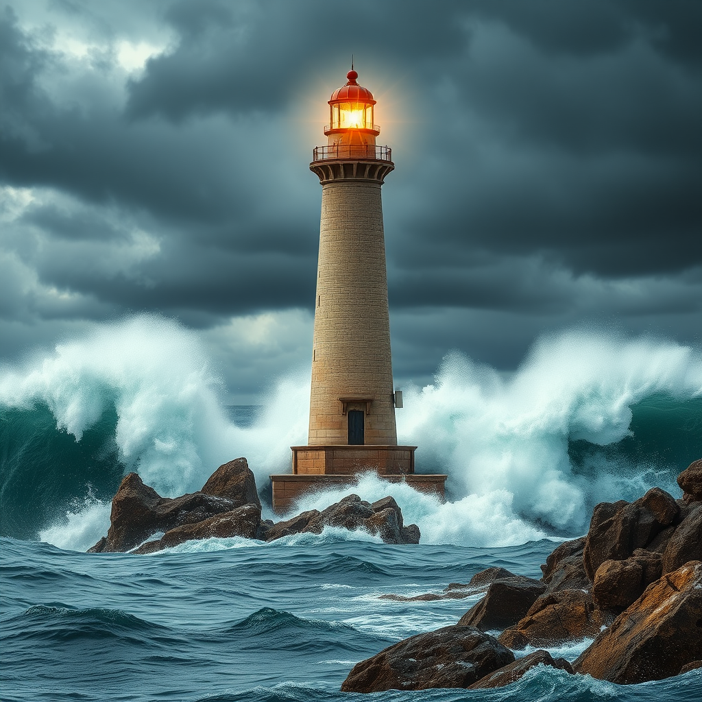 tall stone lighthouse amidst waves by Free AI Image Generator & Maker - No login required✨ | AIGAZOU