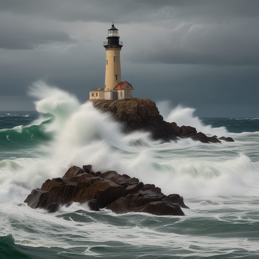 tall stone lighthouse amidst waves by Free AI Image Generator & Maker - No login required✨ | AIGAZOU