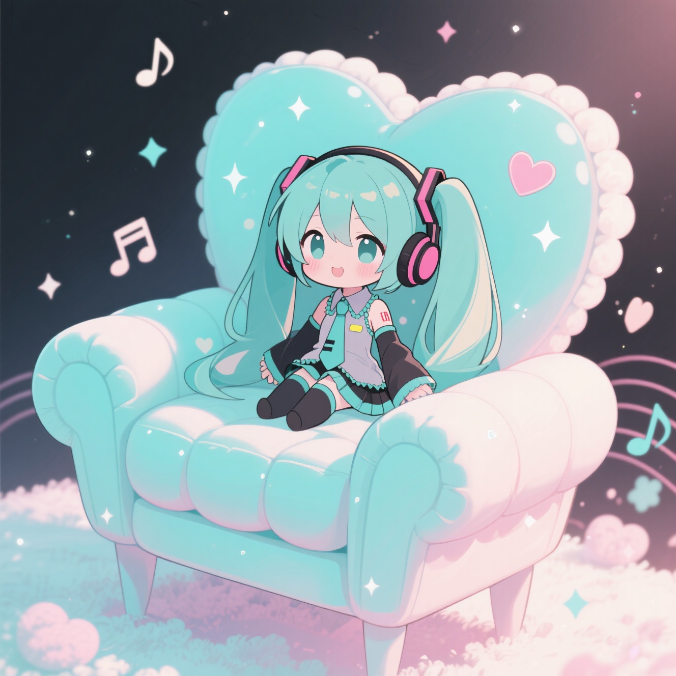 hatsune miku themed chair pastel aqua cushions by Ücretsiz AI Görüntü Oluşturucu - Giriş gerektirmez✨ | AIGAZOU
