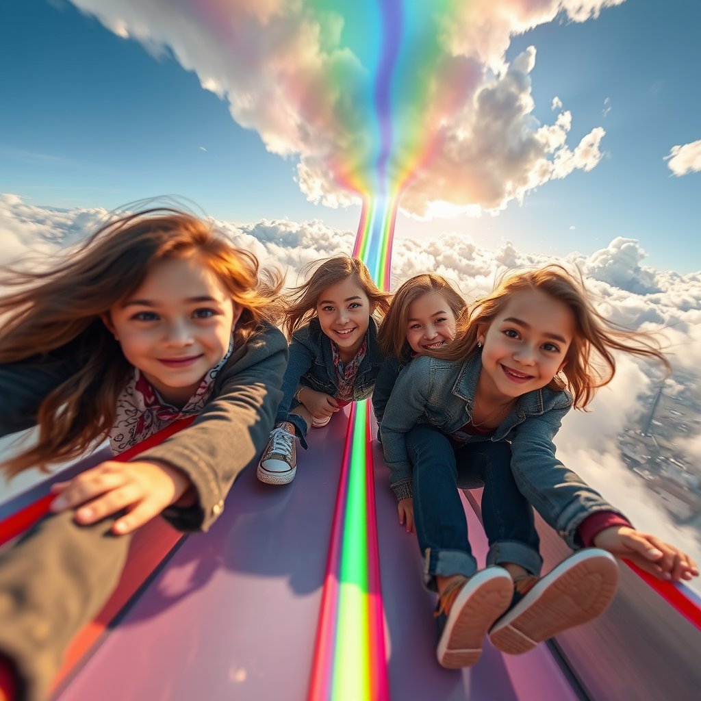 three girls sliding down rainbow slide by Free AI Image Generator & Maker - No login required✨ | AIGAZOU