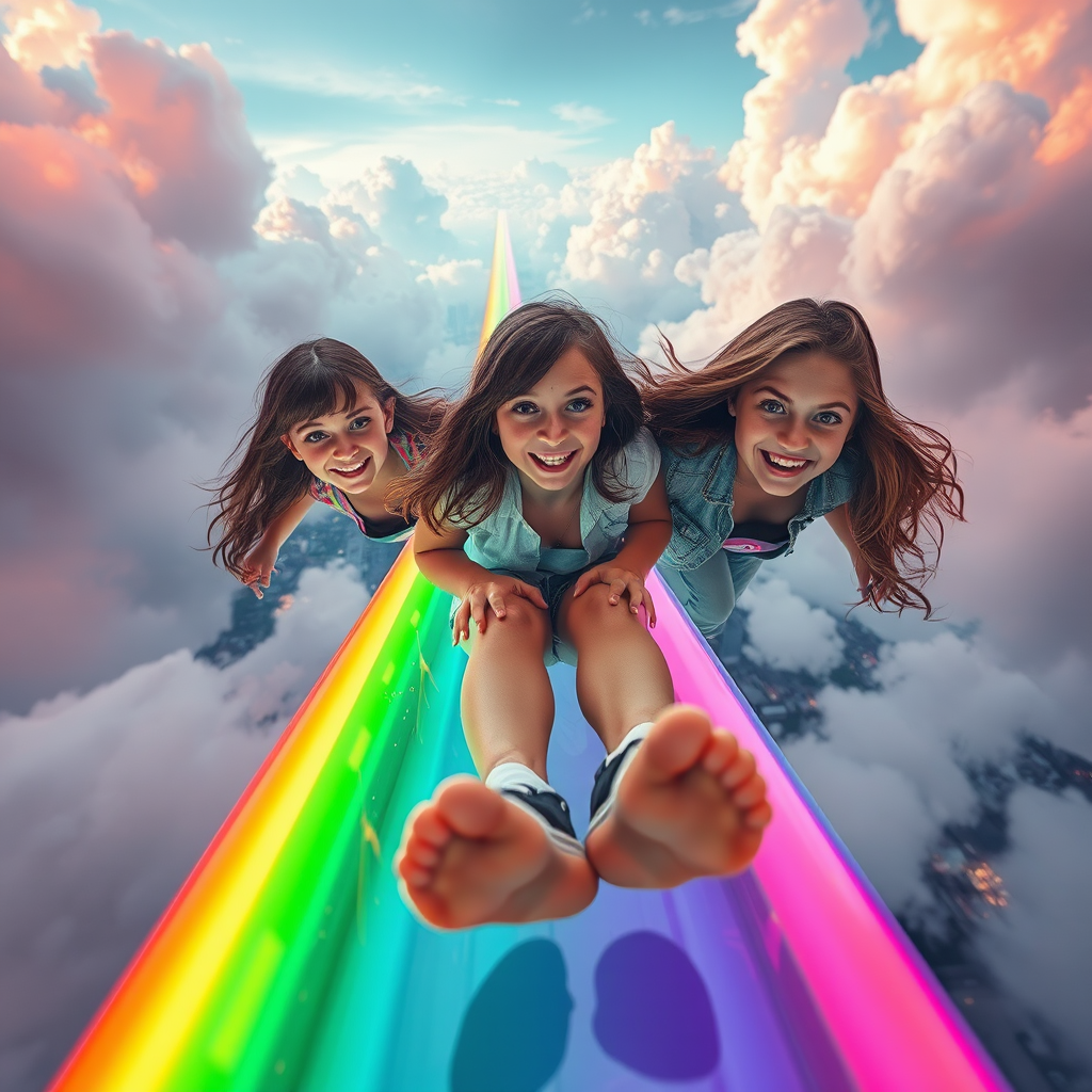 three teens slide rainbow light city panorama by Free AI Image Generator & Maker - No login required✨ | AIGAZOU