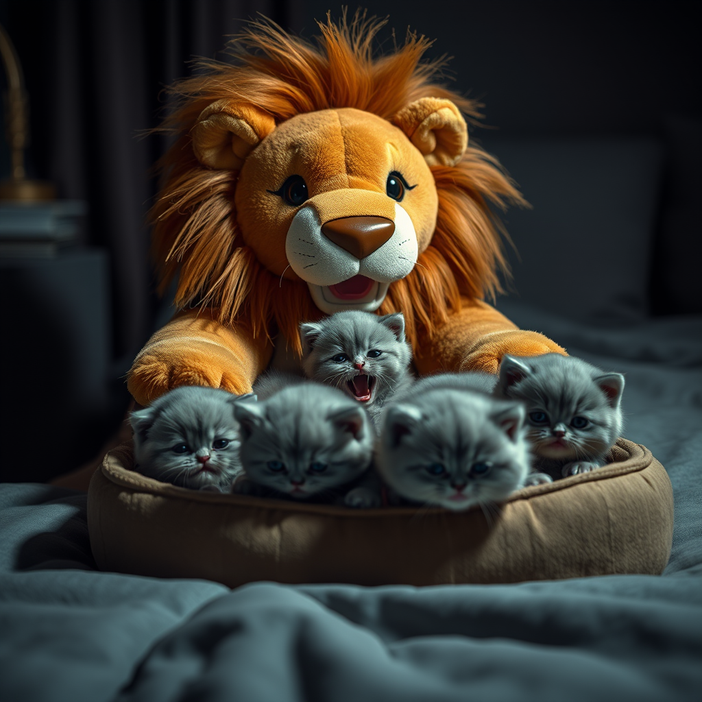 night dark bedroom stuffed lion scares kittens by Free AI Image Generator & Maker - No login required✨ | AIGAZOU