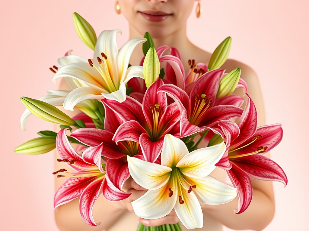 colorful lily bouquet 18yo model upper body by Free AI Image Generator & Maker - No login required✨ | AIGAZOU