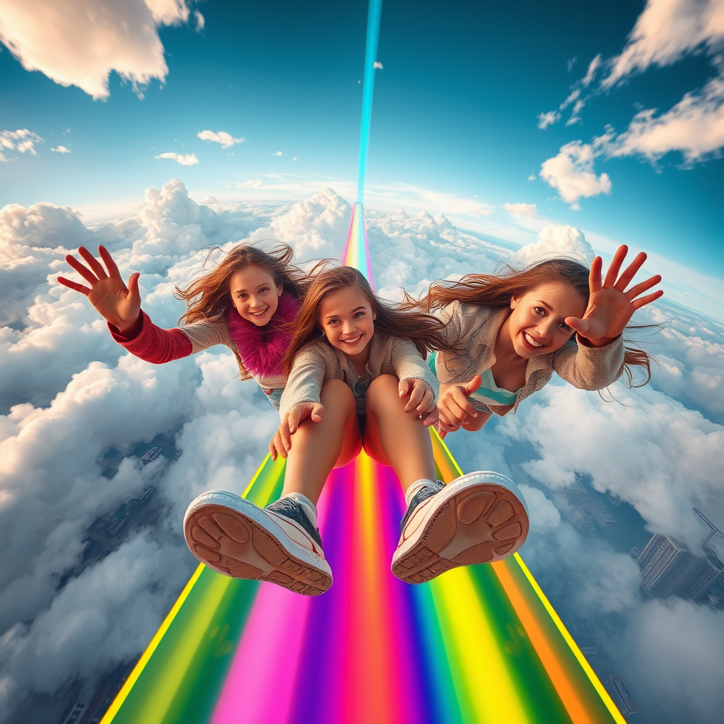 three teens slide rainbow light city panorama by Free AI Image Generator & Maker - No login required✨ | AIGAZOU