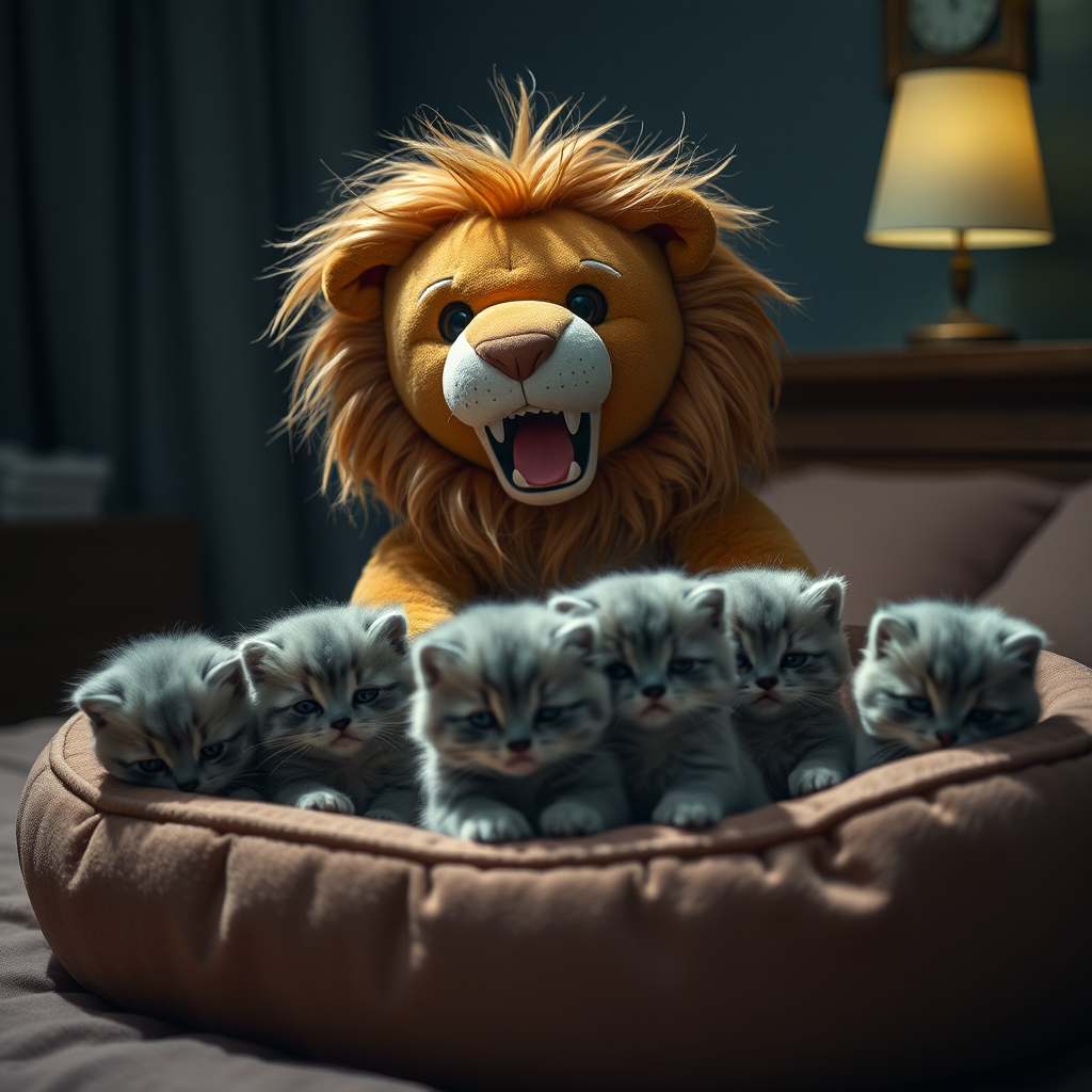night dark bedroom stuffed lion kittens by Free AI Image Generator & Maker - No login required✨ | AIGAZOU