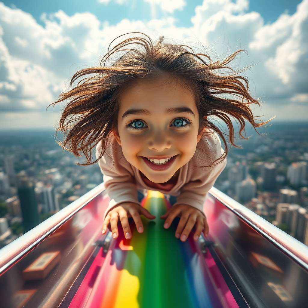 teen girl sliding down rainbow slide by Free AI Image Generator & Maker - No login required✨ | AIGAZOU