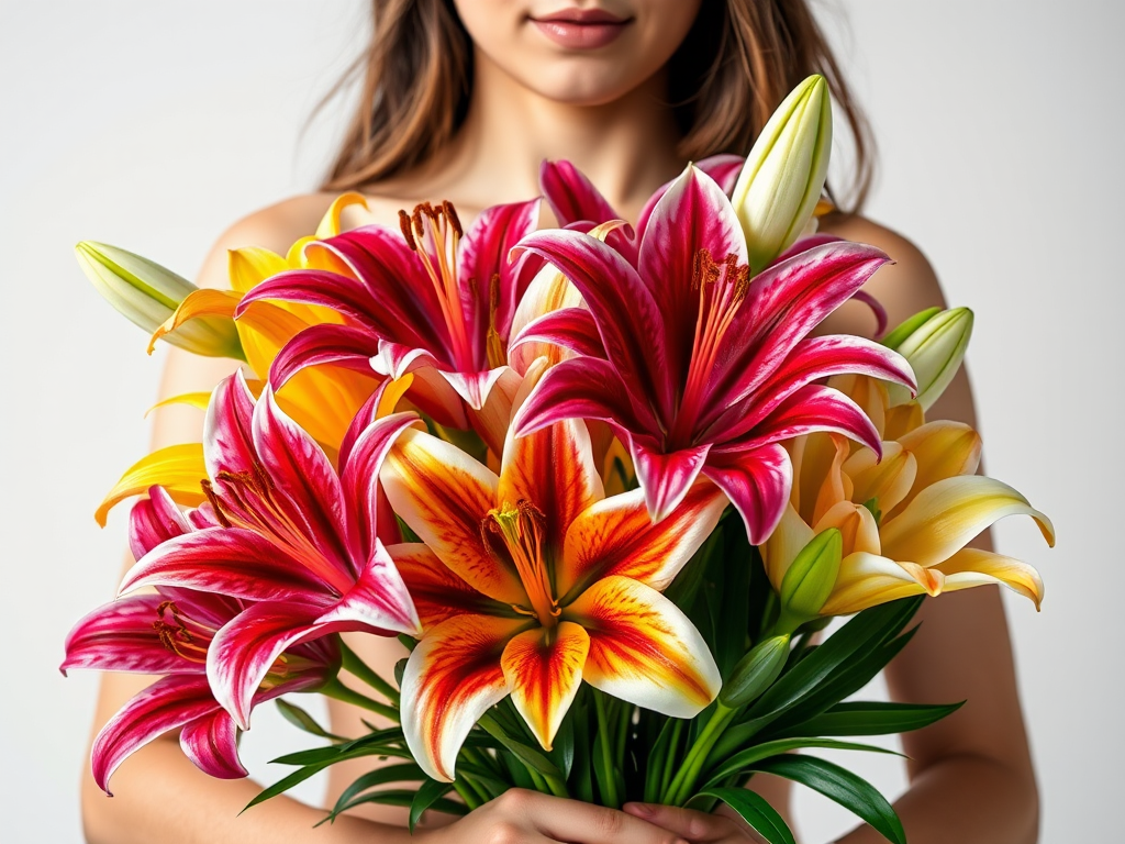 colorful lily bouquet upper body 18yo model by Free AI Image Generator & Maker - No login required✨ | AIGAZOU