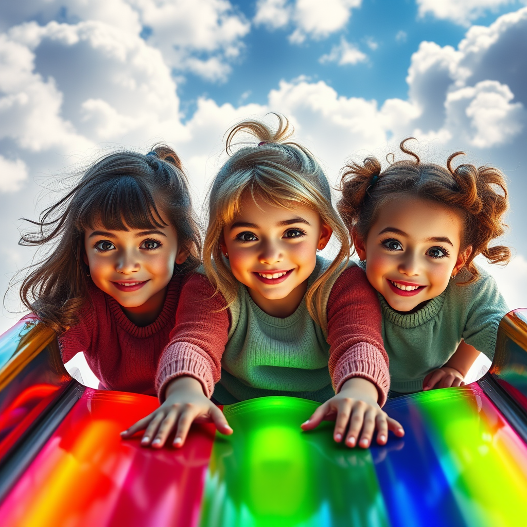 three teen girls sliding rainbow light by Free AI Image Generator & Maker - No login required✨ | AIGAZOU