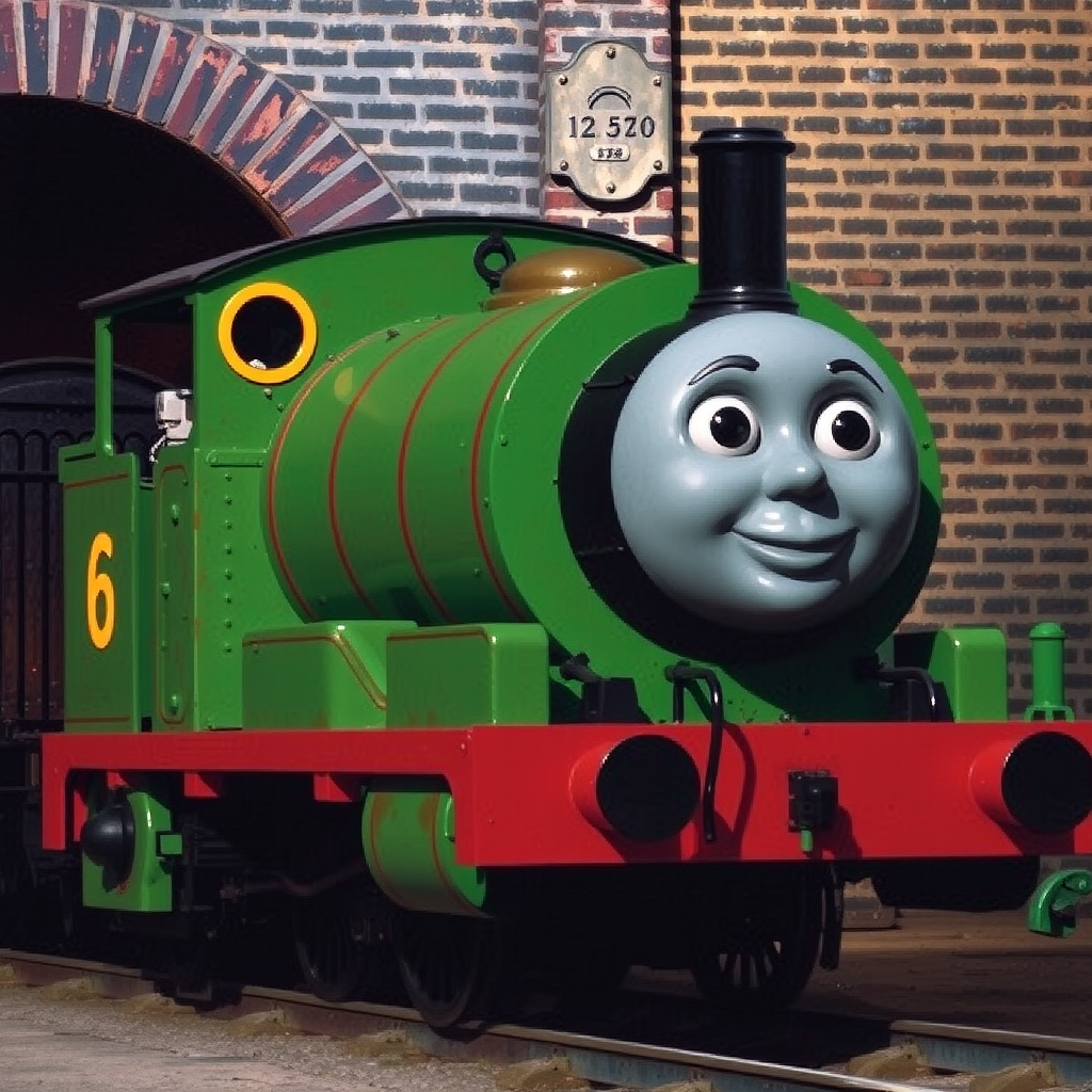 realistic photograph charming small green locomotive by Free AI Image Generator & Maker - No login required✨ | AIGAZOU