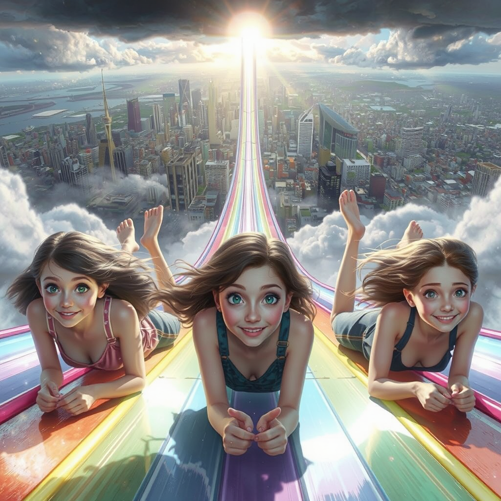 three teens slide rainbow light city panorama by Free AI Image Generator & Maker - No login required✨ | AIGAZOU