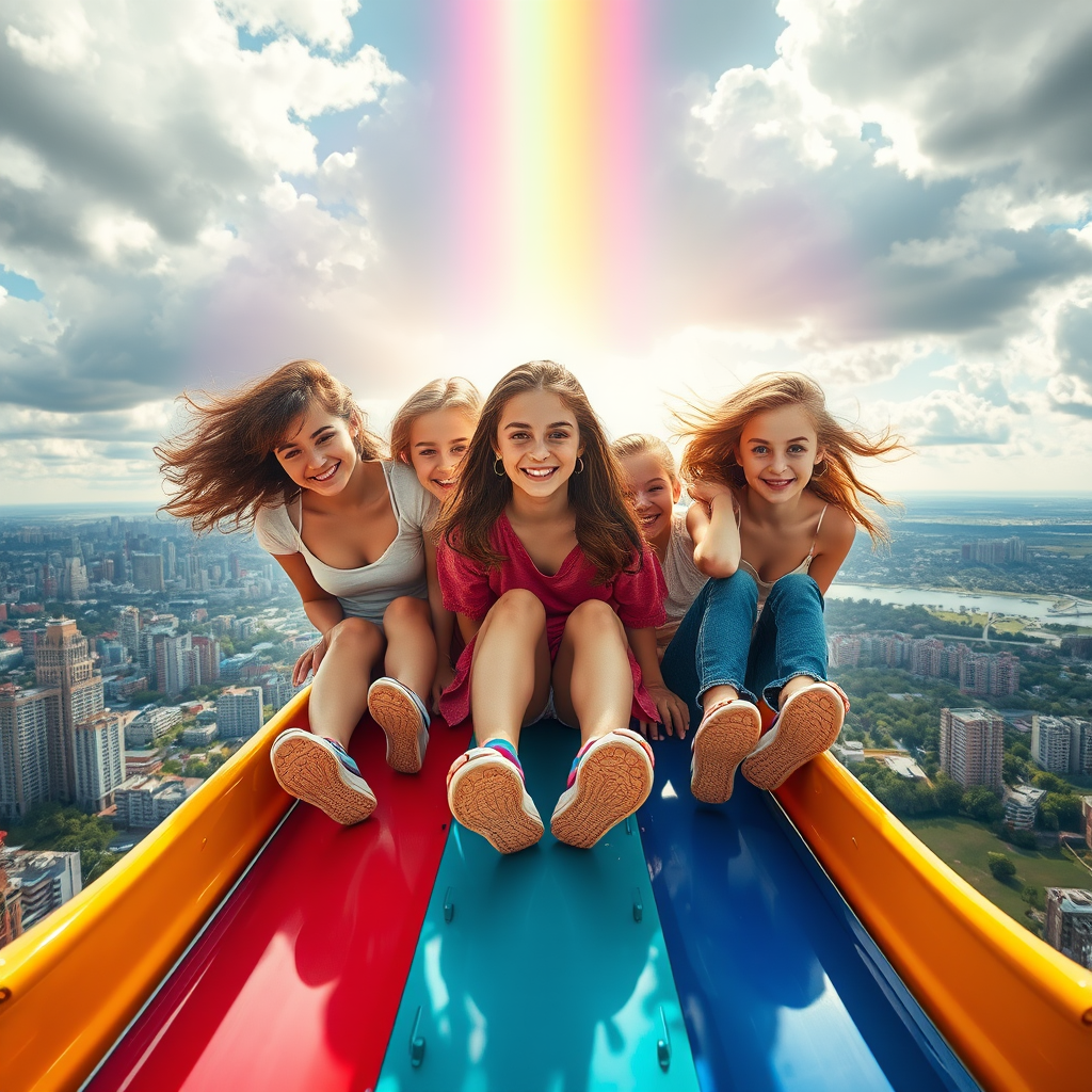 five teen girls sliding rainbow slider by Free AI Image Generator & Maker - No login required✨ | AIGAZOU