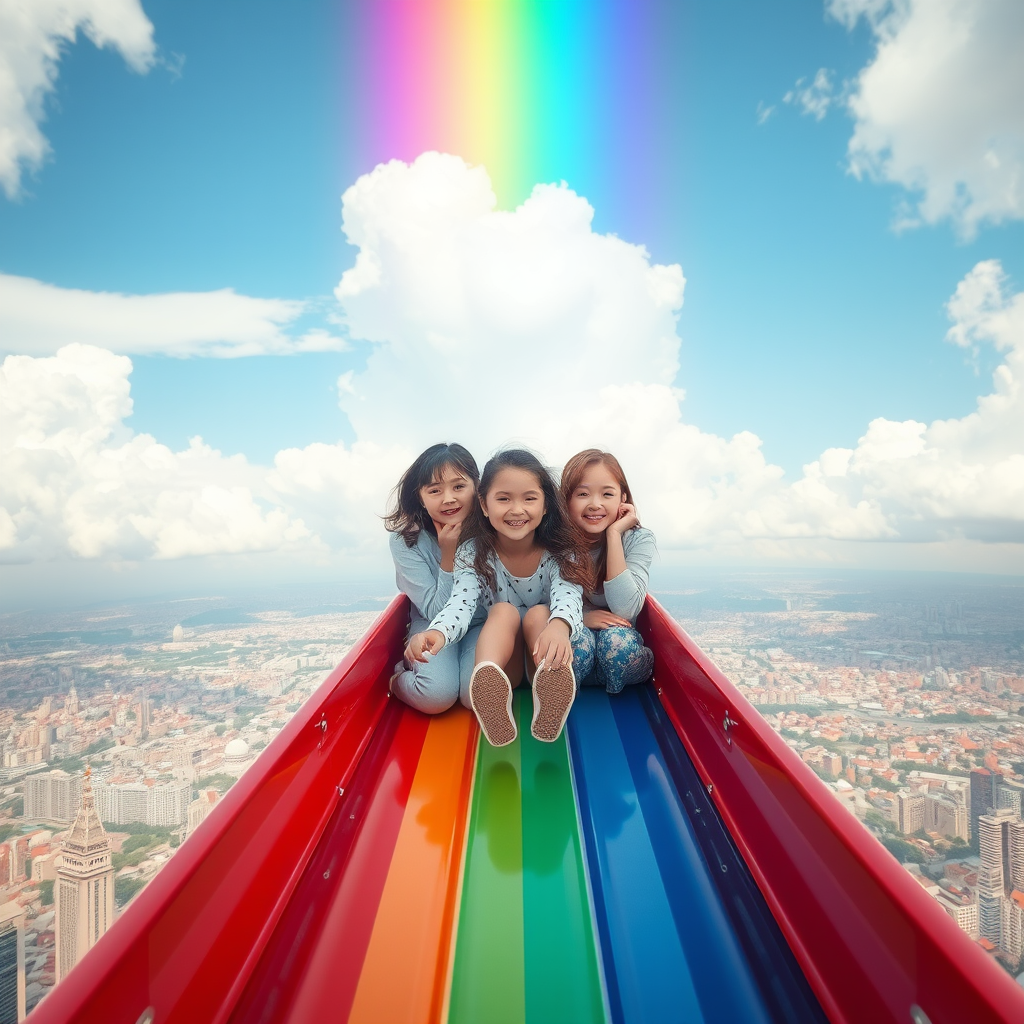 three teen girls sliding down rainbow slide by Free AI Image Generator & Maker - No login required✨ | AIGAZOU