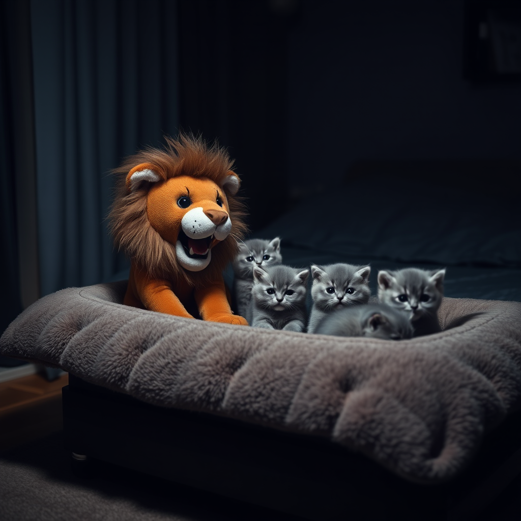 stuffed lion scares scottish fold kittens by Free AI Image Generator & Maker - No login required✨ | AIGAZOU