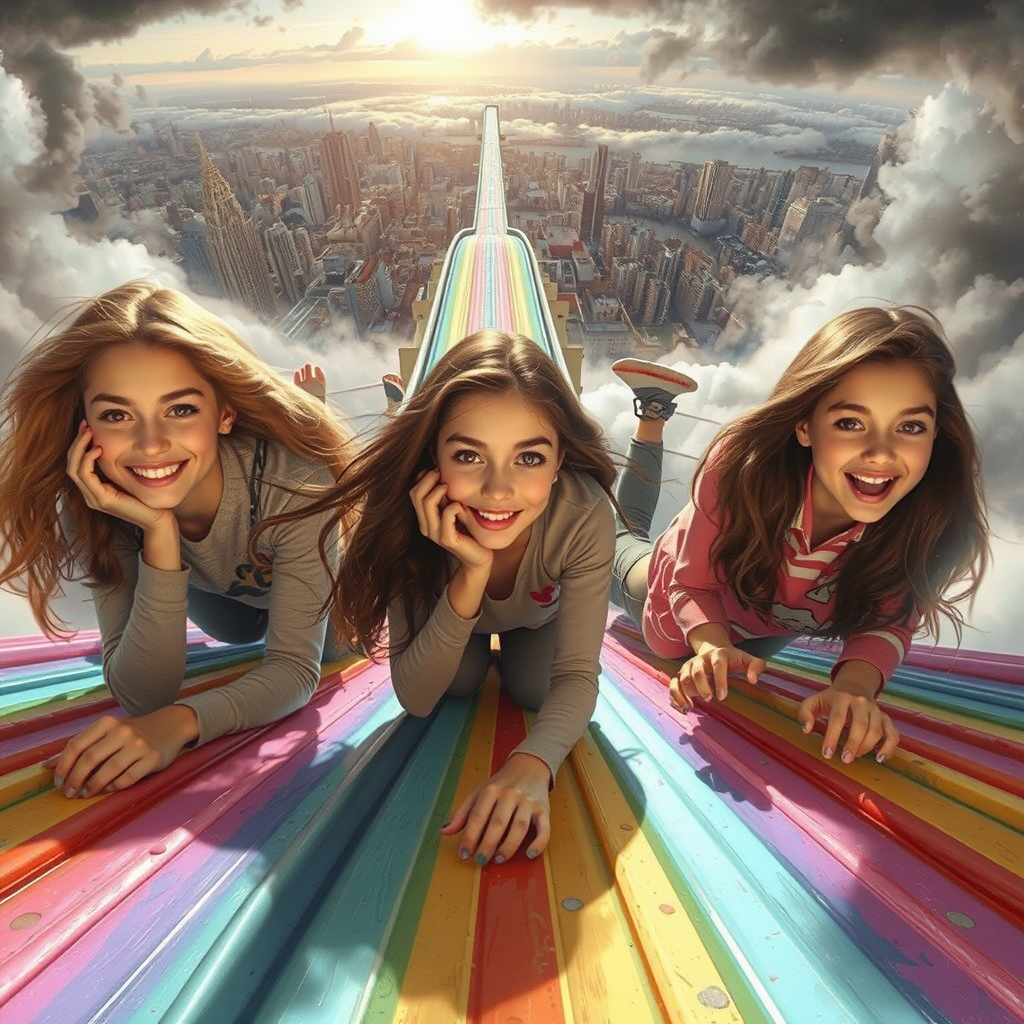 three teens slide rainbow light city panorama by Free AI Image Generator & Maker - No login required✨ | AIGAZOU