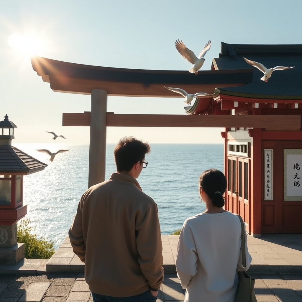 birds dance sunrise couple prays shrine by Free AI Image Generator & Maker - No login required✨ | AIGAZOU