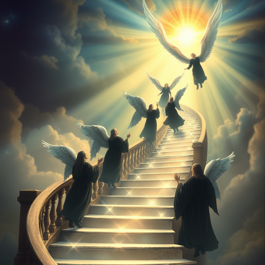spiral staircase to heaven angels in black by Free AI Image Generator & Maker - No login required✨ | AIGAZOU