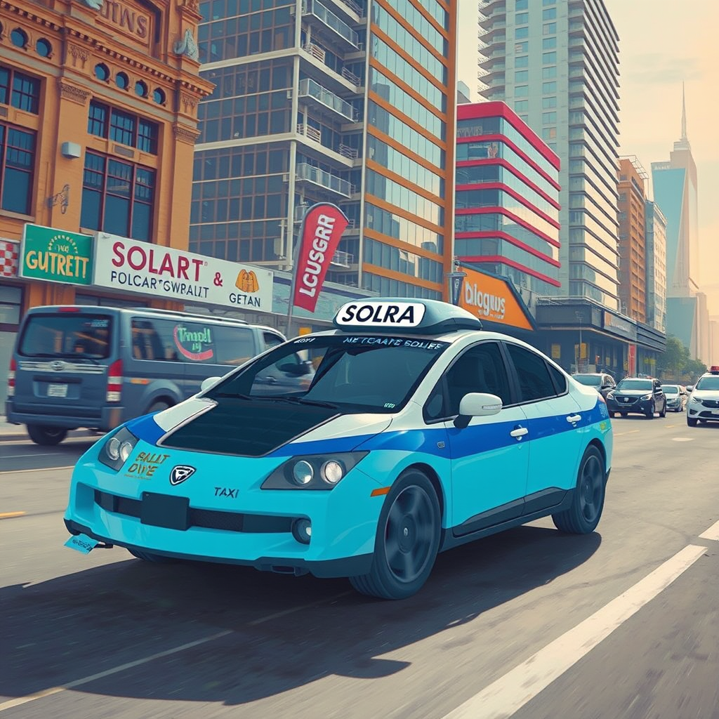 futuristic solar powered taxi neon city by Free AI Image Generator & Maker - No login required✨ | AIGAZOU