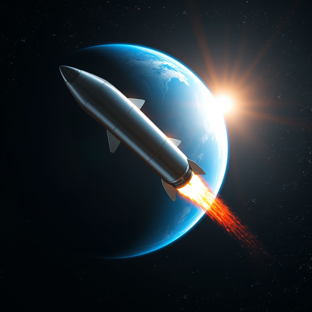 photorealistic metallic rocket glowing exhaust space by Free AI Image Generator & Maker - No login required✨ | AIGAZOU