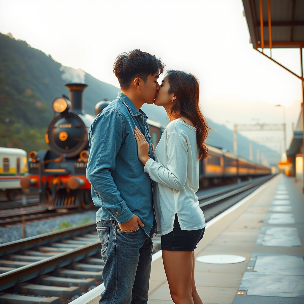young japanese couple kissing train platform by Free AI Image Generator & Maker - No login required✨ | AIGAZOU