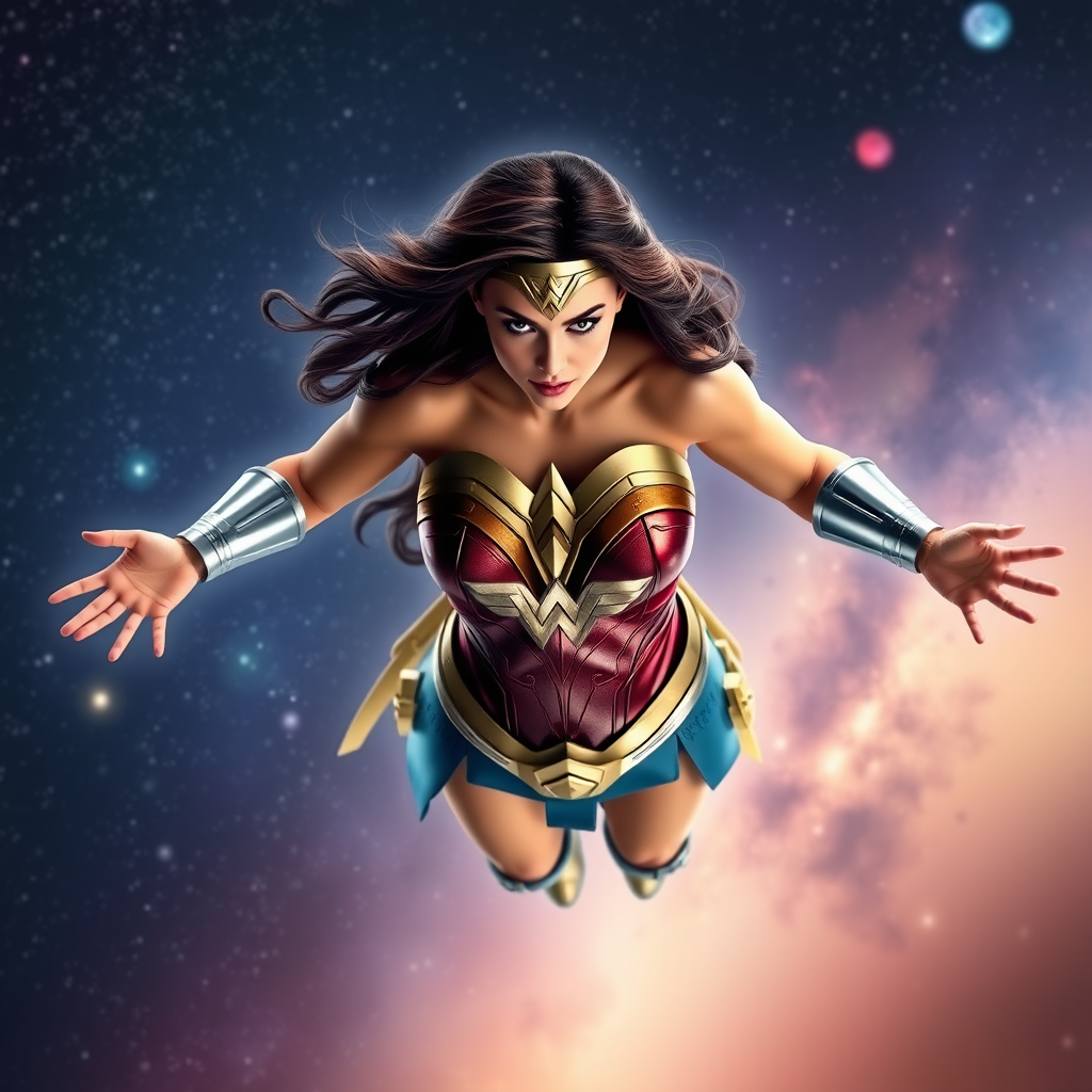 galaxy wonder woman flying realistic by Free AI Image Generator & Maker - No login required✨ | AIGAZOU